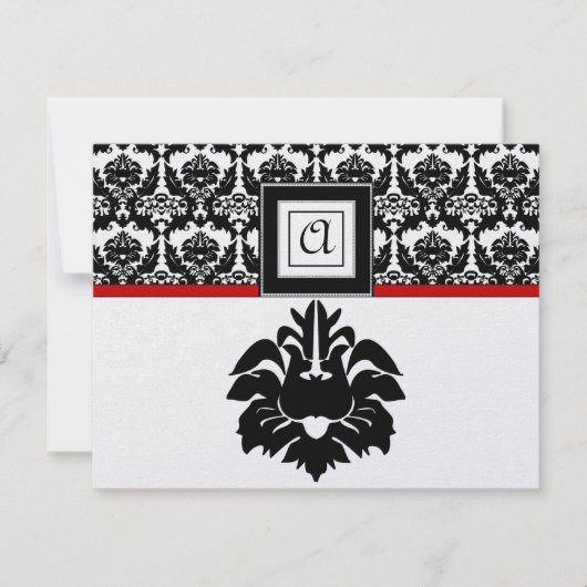Responskaarten voor Black & White Red Damask Weddi RSVP Kaartje (Voorkant)