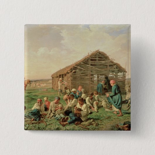 Rest tijdens het hagen, 1861 vierkante button 5,1 cm (Voorkant)