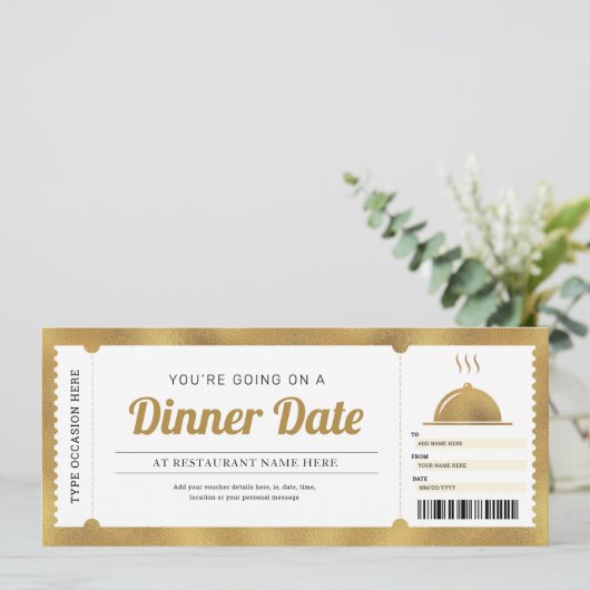 Restaurant Dinner Date Reservation Gold Voucher Kaart (Staand voorkant)