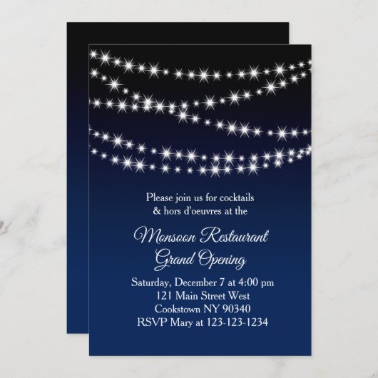 Restaurant Grand Open Twinkle Licht donkerblauw Kaart (Voorkant / Achterkant)
