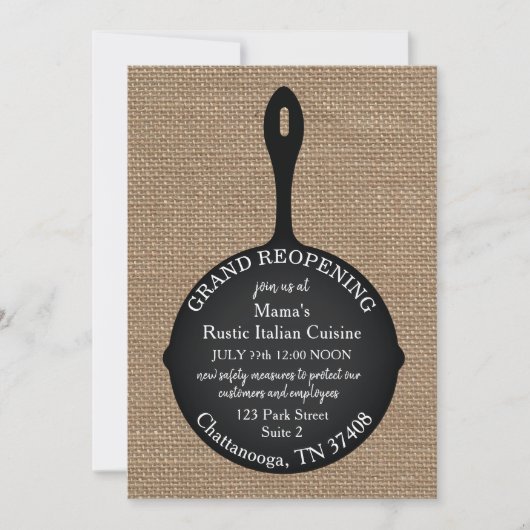 Restaurant Grand Reopende Burlap Skillet Kaart (Voorkant)