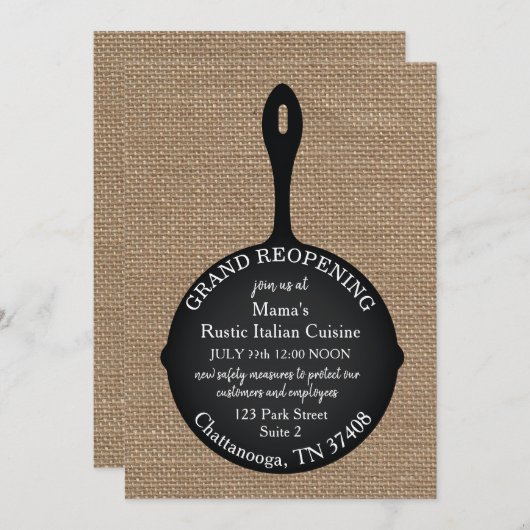 Restaurant Grand Reopende Burlap Skillet Kaart (Voorkant / Achterkant)