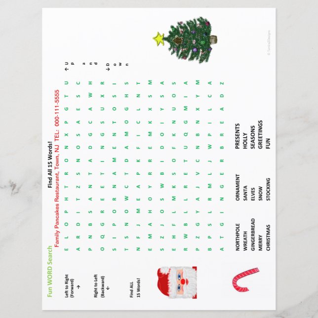 Restaurant Kerstmis 15 Word Search Placemat (Voorkant)