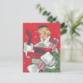 Restaurant kerstwinkelmeisje van 1950  feestdagenkaart (Staand voorkant)