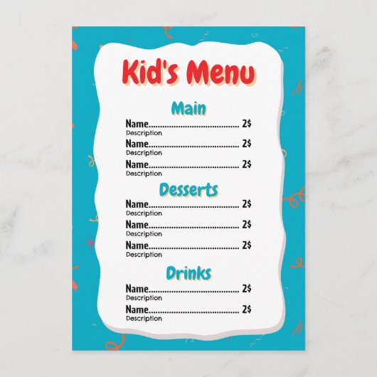 Restaurant Kinder Menu Kaart (Achterkant)
