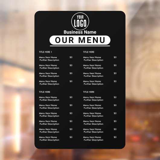 Restaurant Menu | Menu van Black Logo Cafe Raamsticker (Vel 2)