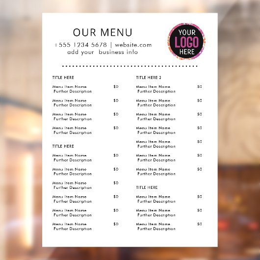 Restaurant Menu | Minimalistisch Logo Catering Caf Raamsticker (Vel 2)