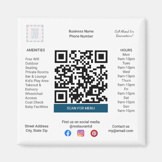 Restaurant & Pizza Shop Magneet met Menu QR Code (Voorkant)