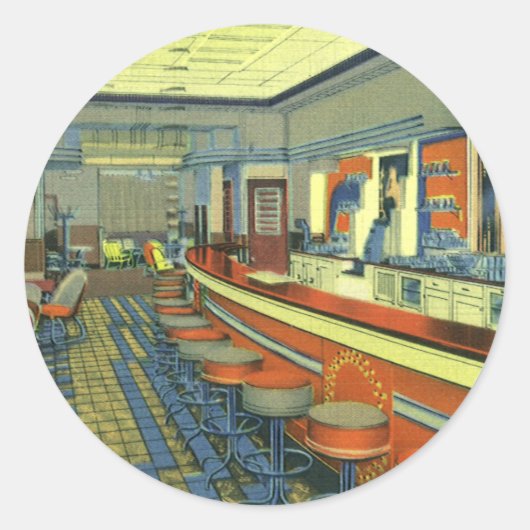 restaurant, Retro Roadside Diner Interior Ronde Sticker (Voorkant)