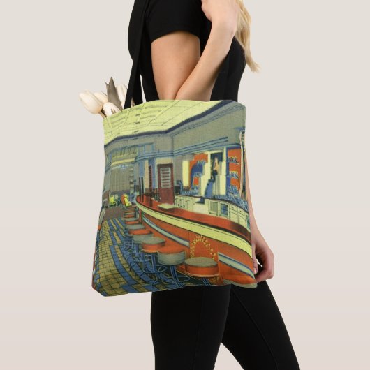restaurant, Retro Roadside Diner Interior Tote Bag (Dichtbij)