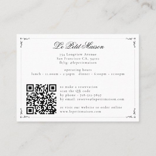 Restaurant Simple White Script Classic Reservation Visitekaartje (Achterkant)