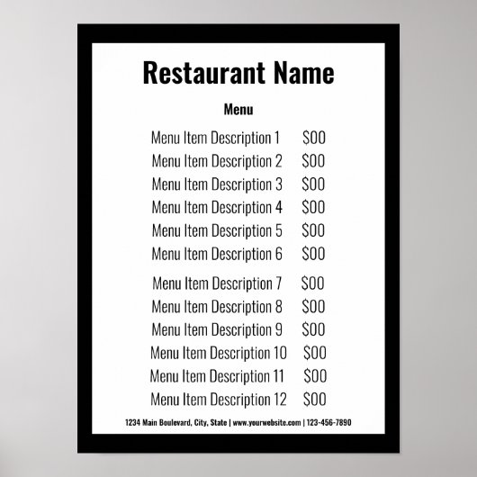 Restaurant Sjabloon Menu Zwart en Wit Zakelijk Poster (Voorkant)