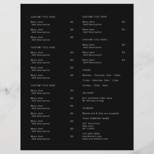 Restaurant Takeout Catering Black Logo Menu (Achterkant)
