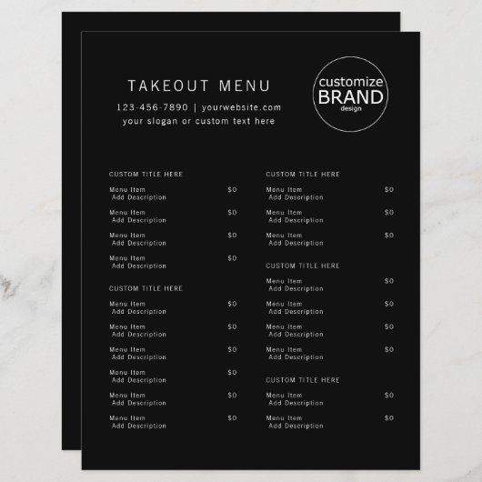 Restaurant Takeout Catering Black Logo Menu (Voorkant / Achterkant)