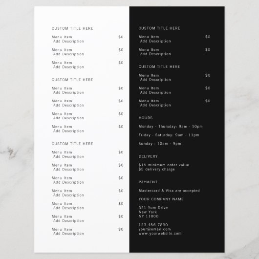 Restaurant Takeout Catering Black Menu (Achterkant)