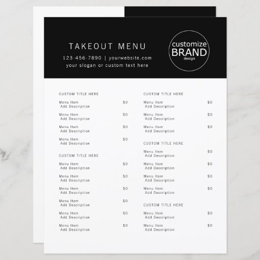 Restaurant Takeout Catering Black Menu (Voorkant / Achterkant)
