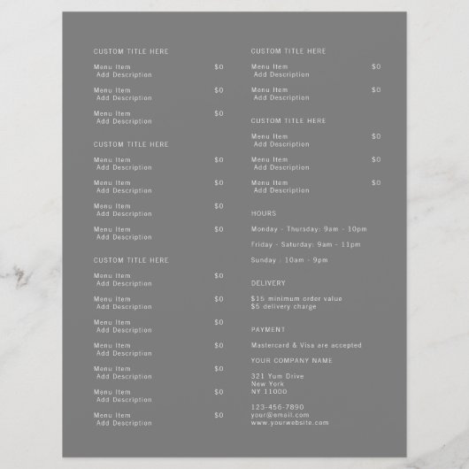 Restaurant Takeout Catering Gray Logo Menu (Achterkant)