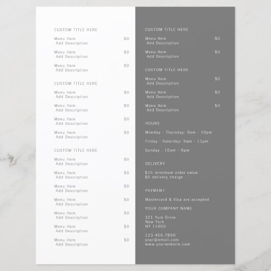 Restaurant Takeout Catering Gray Menu (Achterkant)