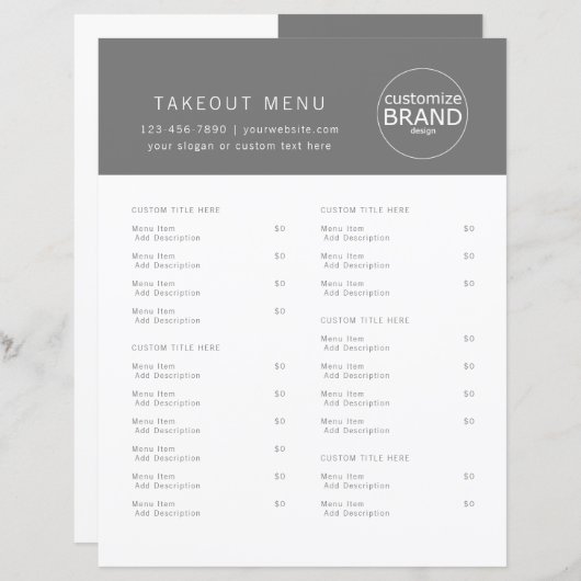 Restaurant Takeout Catering Gray Menu (Voorkant / Achterkant)