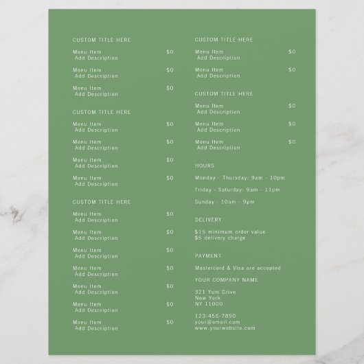 Restaurant Takeout Catering Olive Green Logo Menu (Achterkant)