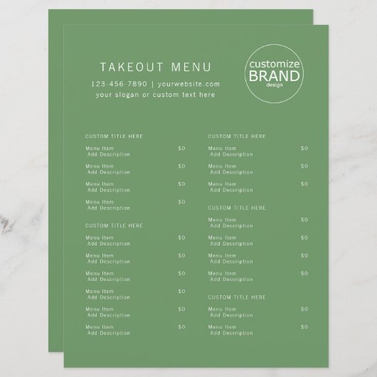 Restaurant Takeout Catering Olive Green Logo Menu (Voorkant / Achterkant)
