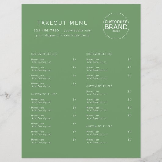 Restaurant Takeout Catering Olive Green Logo Menu (Voorkant)