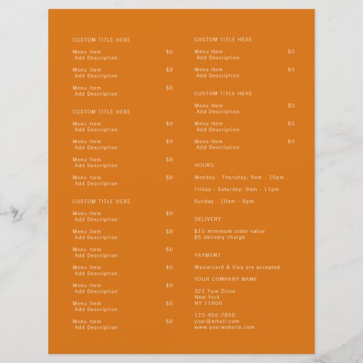Restaurant Takeout Catering Oranje Logo Menu (Achterkant)