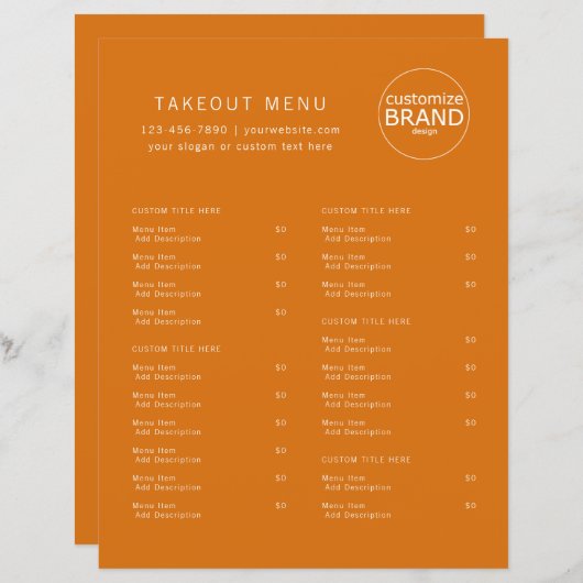 Restaurant Takeout Catering Oranje Logo Menu (Voorkant / Achterkant)