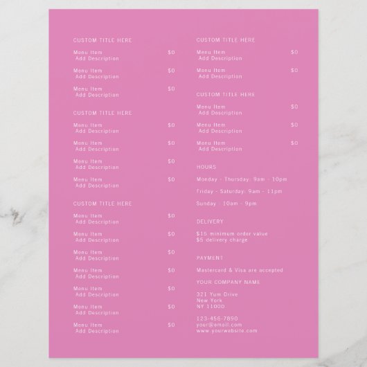 Restaurant Takeout Catering Pink Berry Logo Menu (Achterkant)