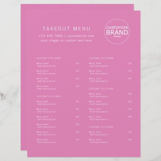 Restaurant Takeout Catering Pink Berry Logo Menu (Voorkant / Achterkant)