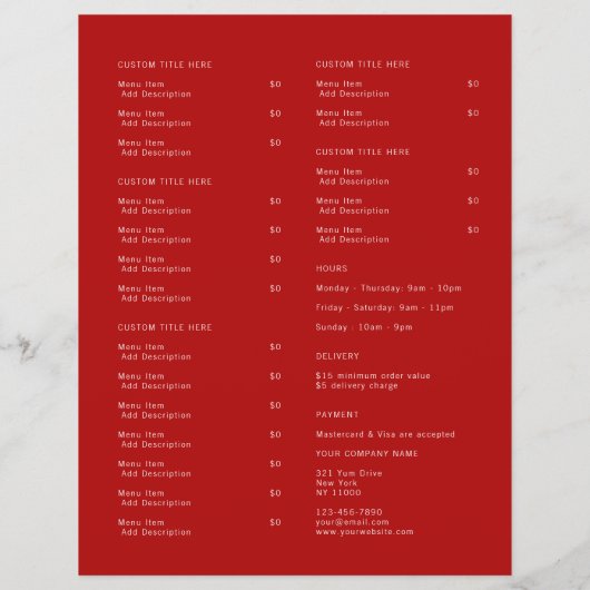 Restaurant Takeout Catering Red Logo Menu (Achterkant)