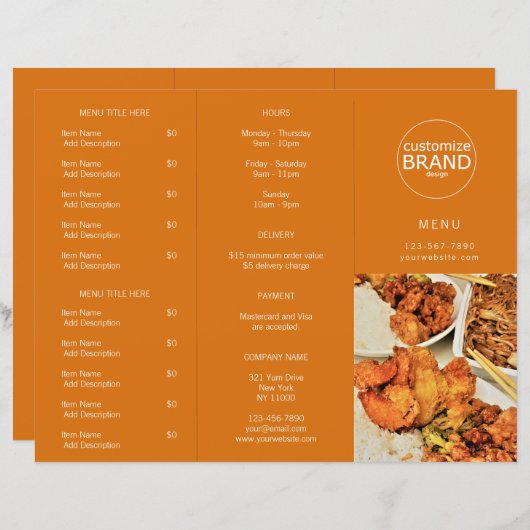 Restaurant Takeout Logo Oranje Tri-voudig Menu (Voorkant / Achterkant)