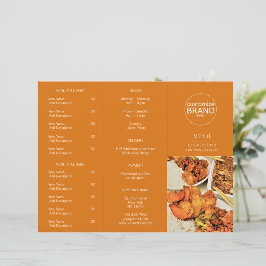 Restaurant Takeout Logo Oranje Tri-voudig Menu (Staand voorkant)