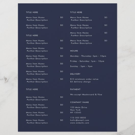 Restaurant-uittredingsrestaurant | Menu Navy Blue  (Achterkant)