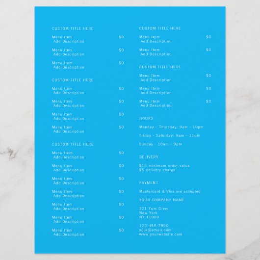 Restaurant Uitvoer Catering Ocean Blue Logo Menu (Achterkant)