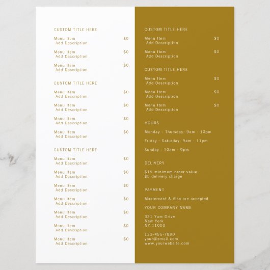 Restaurant Uitvoer van Dark Gold Menu Catering Log (Achterkant)