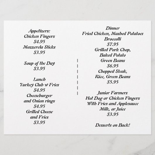 Restaurantbenodigdheden, menu voor platteland, Aan (Achterkant)