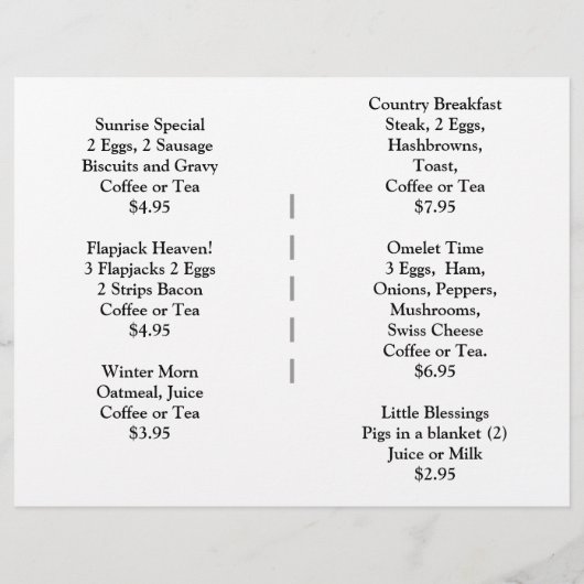 Restaurantbenodigdheden, ontbijtmenu (Achterkant)