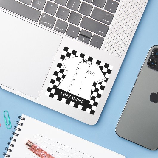 Restaurantkop Chef White Tunic Checkered Squares Sticker (Laptop met iPhone)