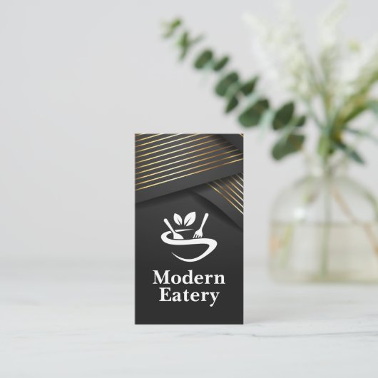 Restaurantlogo | Gouden strepen | Zwarte lint  Visitekaartje (Staand voorkant)
