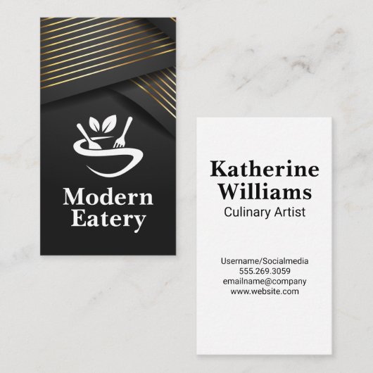 Restaurantlogo | Gouden strepen | Zwarte lint  Visitekaartje (Voorkant / Achterkant)