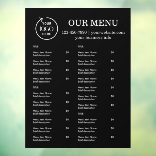 Restaurantmenu | Zwarte Logo Cafetaria Menu Raamsticker (Vel 3)