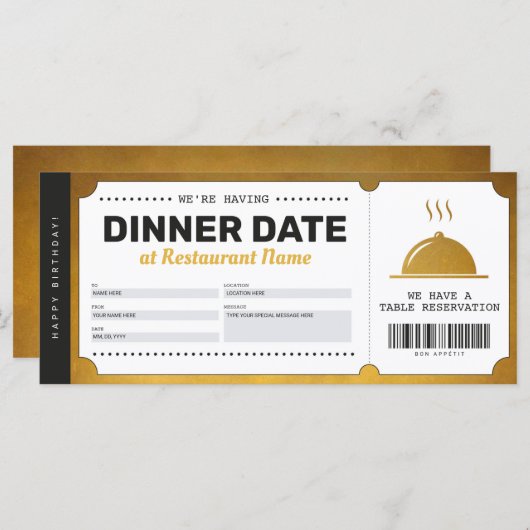 Restaurantreservering Gold Voucher Certificate (Voorkant / Achterkant)