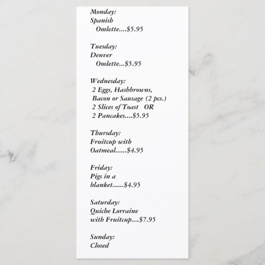 Restaurants, Ontbijtspecials, Regenboog Menu (Achterkant)