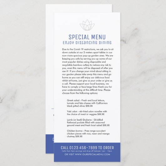 Restaurants speciale menu's beperkte klant blauw (Voorkant / Achterkant)