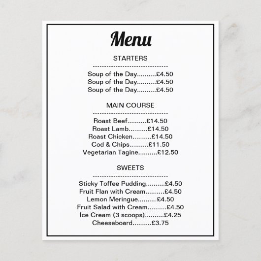 Restaurants Sunday Lunch of Dinner Menu (Achterkant)