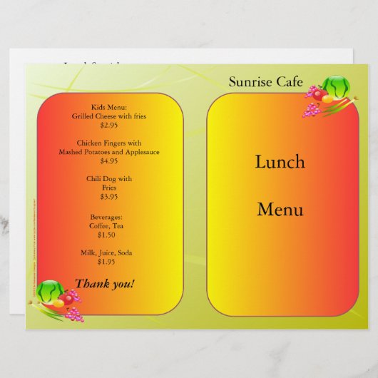 Restaurants Supplies Lunch Menu Sunrise design (Voorkant / Achterkant)