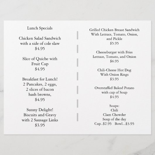 Restaurants Supplies Lunch Menu Sunrise Rooster (Achterkant)