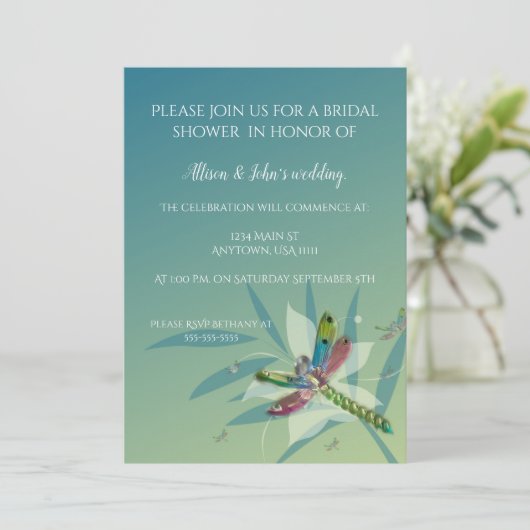 Restende Dragonfly Bridal Shower Uitnodiging (Staand voorkant)