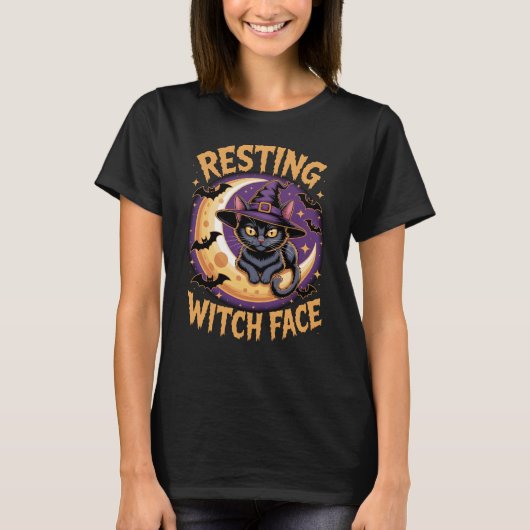 Resting Witch Face Black Cat Halloween Kattenliefh T-shirt (Voorkant)